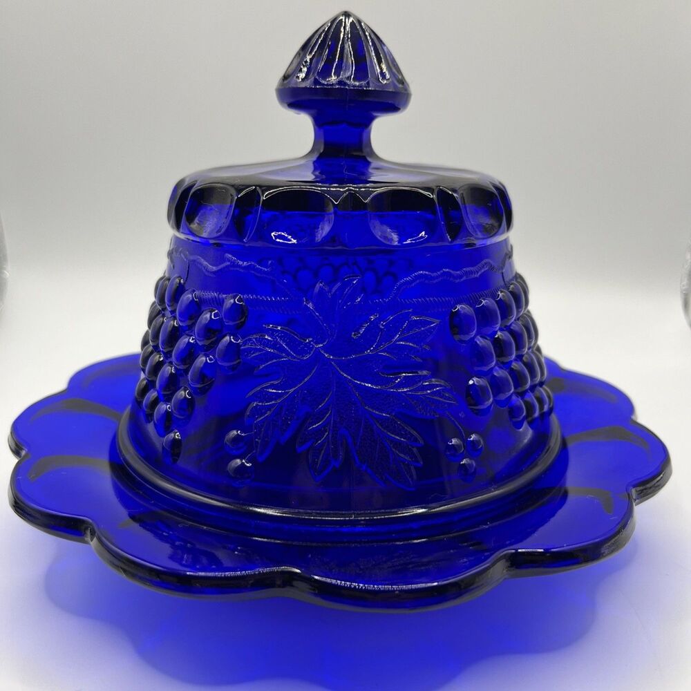 Mosser Cobalt Blue Covered Glass Butter Cheese Dish -Grape & Leaf Design 7.5 x 7